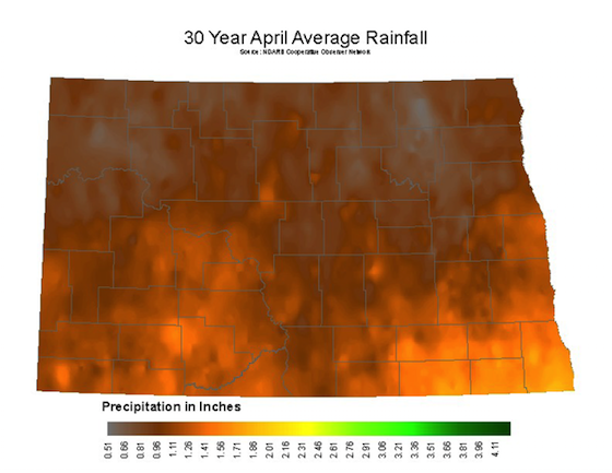 ND map of 30 year average rainfall in April. The northern half is driest at 0.54 inches. Highest precipitation is in the SE quarter of the state at 1.86 inches.