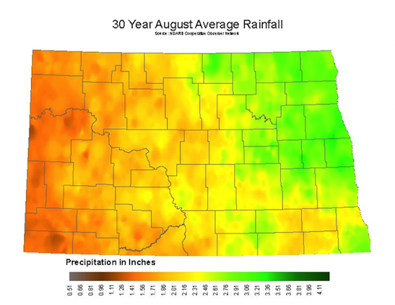 ND map of 30 year average rainfall in August. The western half is drier, with the northeastern quarter being the wettest. Precipitation ranges from 1.19 to 3.37 inches.