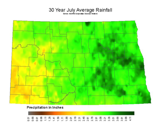 ND map of 30 year average rainfall in July. The southwestern quarter is drier than the eastern half with precipitation ranging from 1.8 to 4.05 inches.