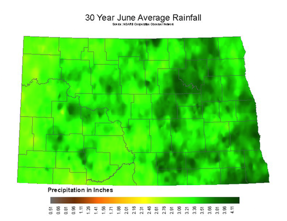 ND map of 30 year average rainfall in June. The western half is drier than the eastern half with precipitation ranging from 2.63 to 4.12 inches.