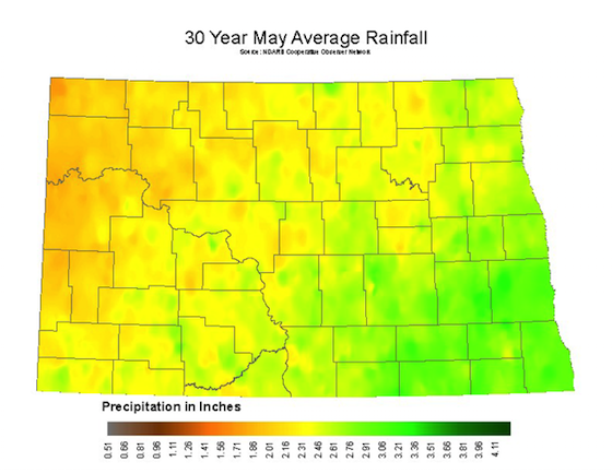 ND map of 30 year average rainfall in May. The western half is drier than the eastern half with precipitation ranging from 1.68 to 3.33 inches.
