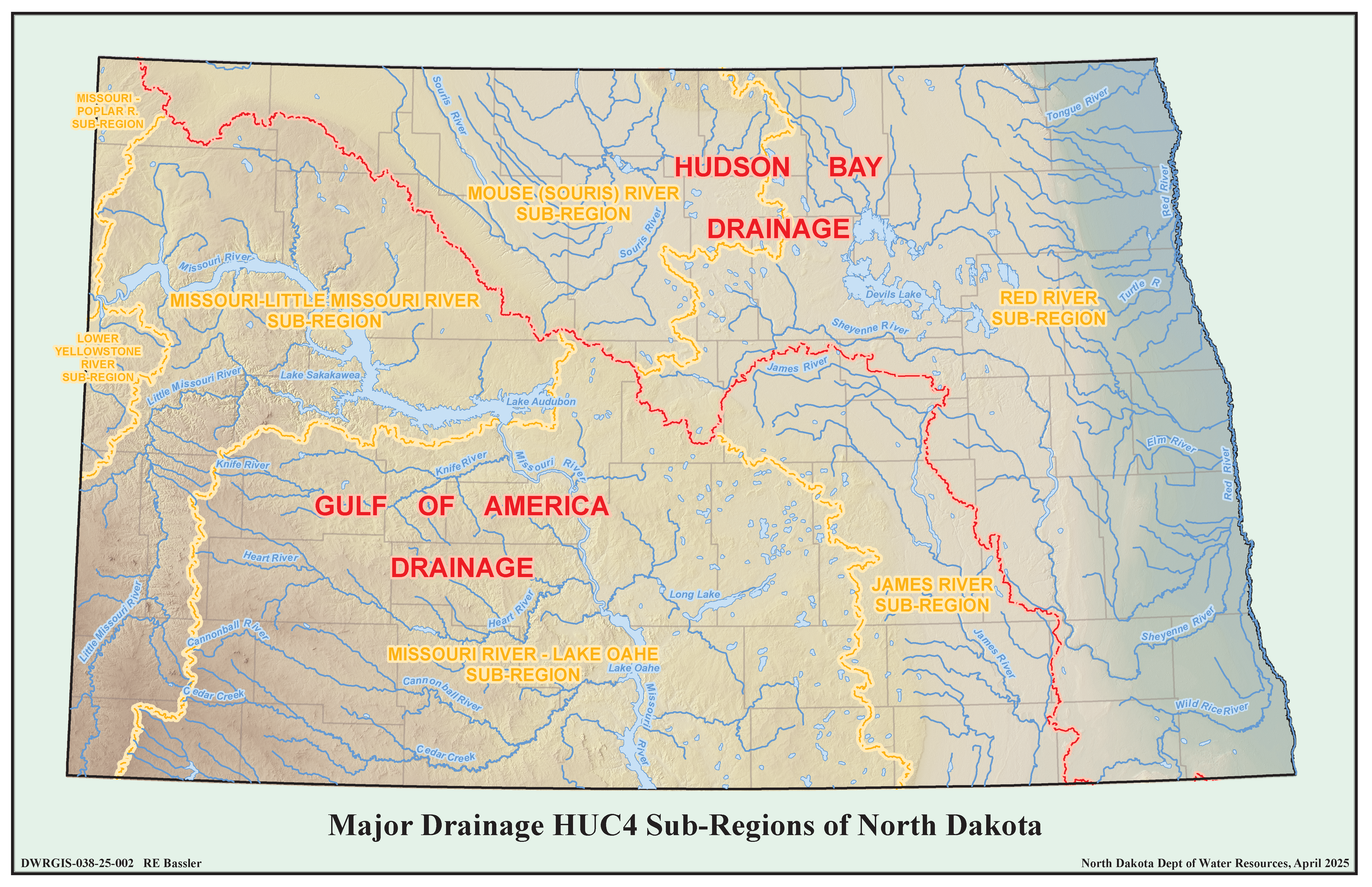 Major Drainage Sub-Regions of North Dakota Map